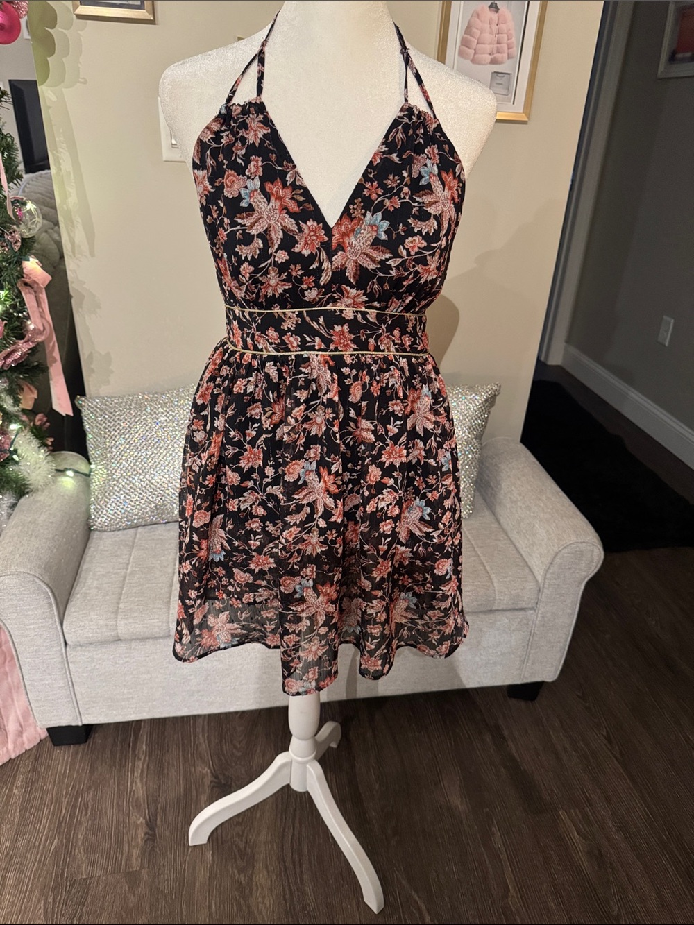Express Black Halter Mini Dress with Rust and Blush Floral